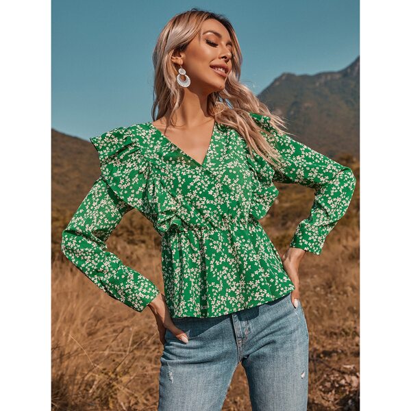 

Ditsy Floral Ruffle Babydoll Blouse, Green