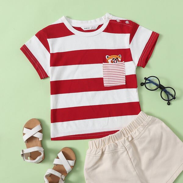 

Toddler Boys Cartoon Embroidery Striped Print Tee, Red and white