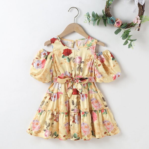

Toddler Girls Floral Print Cold Shoulder Ruffle Hem Belted Dress, Multicolor