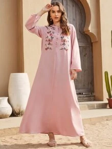 Al Najma Floral Embroidered Covered Button Hooded Modest Long Sleeve Dress - Dusty Pink - View 1