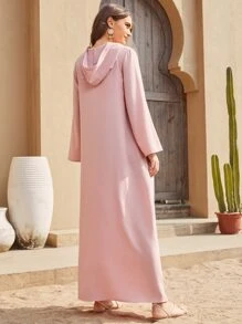 Al Najma Floral Embroidered Covered Button Hooded Modest Long Sleeve Dress - Dusty Pink - View 2