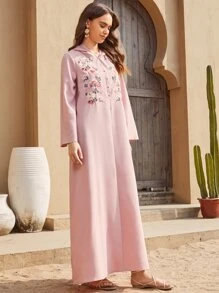 Al Najma Floral Embroidered Covered Button Hooded Modest Long Sleeve Dress - Dusty Pink - View 3