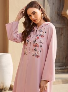 Al Najma Floral Embroidered Covered Button Hooded Modest Long Sleeve Dress - Dusty Pink - View 4