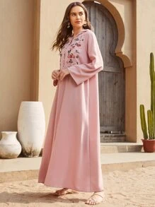 Al Najma Floral Embroidered Covered Button Hooded Modest Long Sleeve Dress - Dusty Pink - View 5