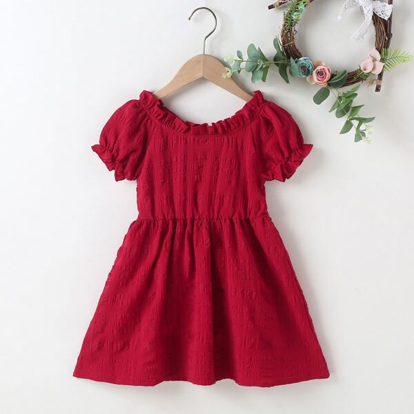 

Toddler Girls Contrast Mesh Bow Back Ruffle Trim A-line Dress, Rose red