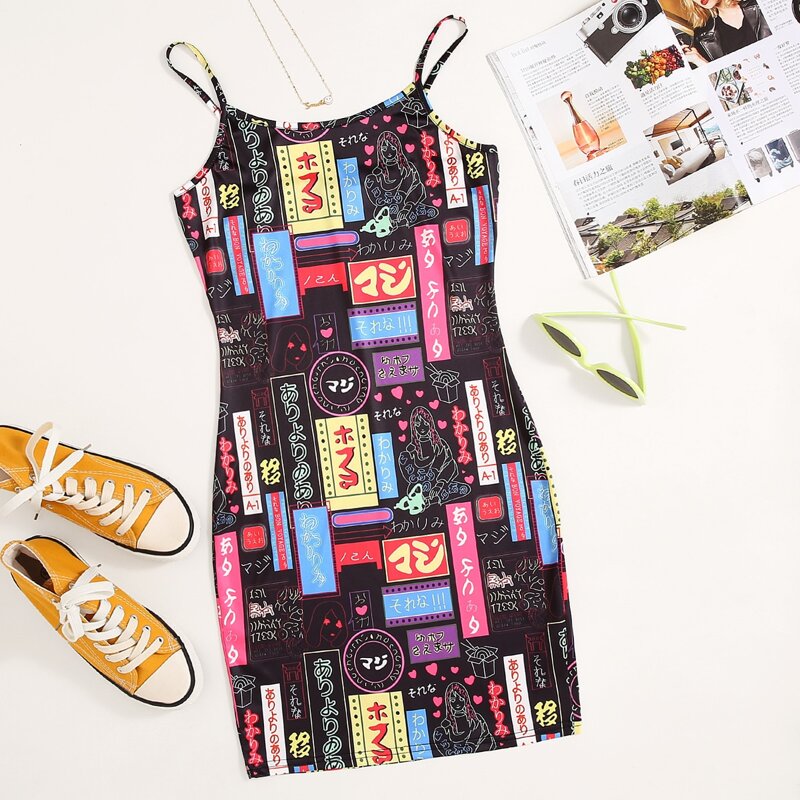 

Japanese Letter And Figure Graphic Dress, Multicolor
