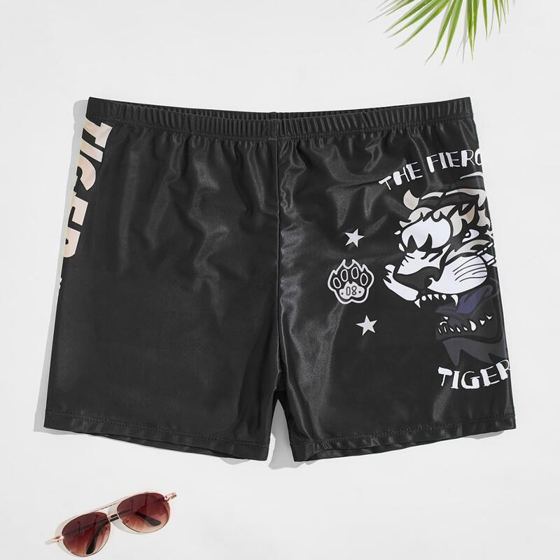 

Guys Letter And Cartoon Graphic Swim Trunks, Black