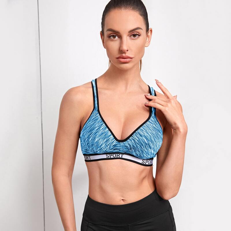 

Medium Support Letter Graphic Contrast Binding Sports Bra, Blue