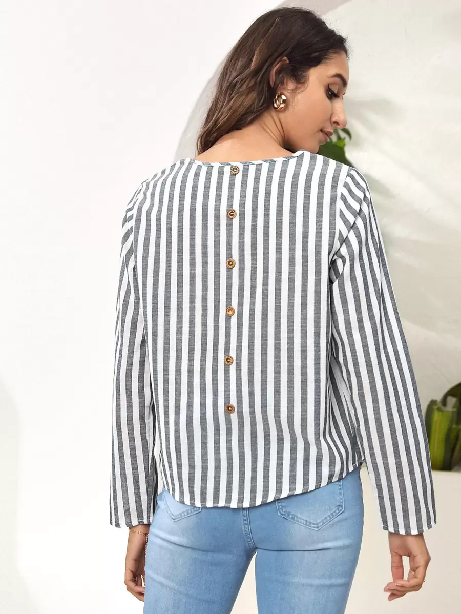 SHEIN Striped Button Detailing Long Sleeve Top - Navy Blue - View 1