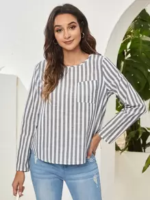 SHEIN Striped Button Detailing Long Sleeve Top - Navy Blue - View 2