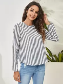 SHEIN Striped Button Detailing Long Sleeve Top - Navy Blue - View 3