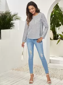 SHEIN Striped Button Detailing Long Sleeve Top - Navy Blue - View 4