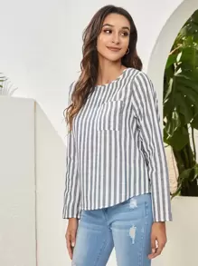 SHEIN Striped Button Detailing Long Sleeve Top - Navy Blue - View 5