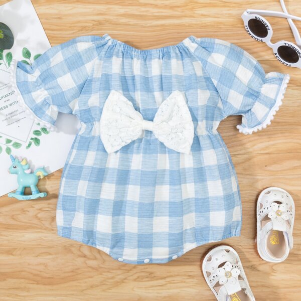 

Baby Girl Bow Front Frill Trim Bodysuit, Blue and white