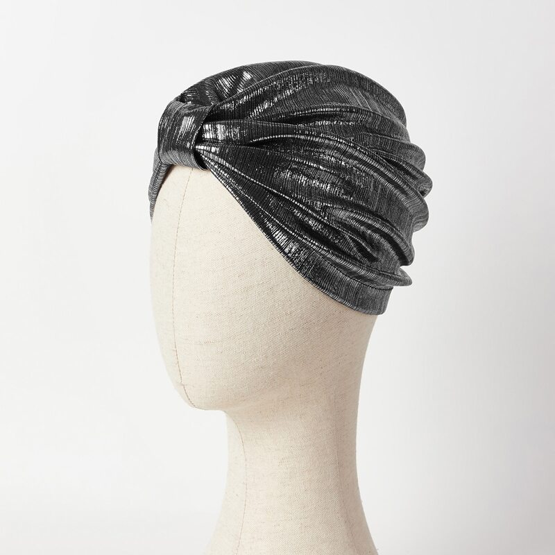 

Metallic Ruched Scarf Hat, Silver