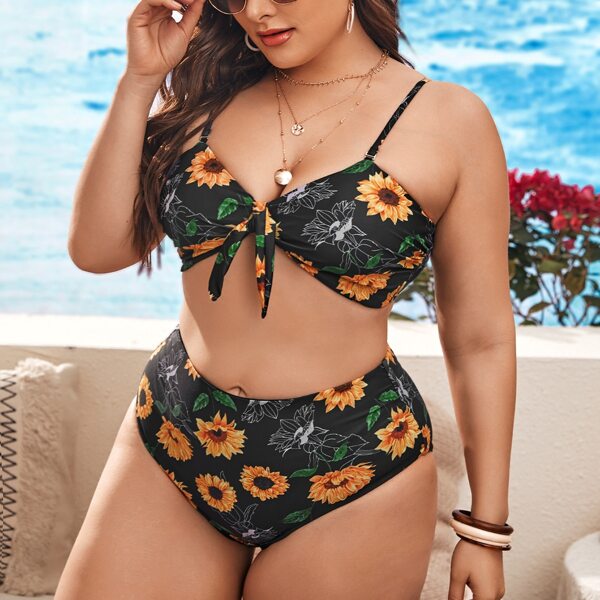 

Plus Sunflower Print Knot Bikini Swimsuit, Multicolor