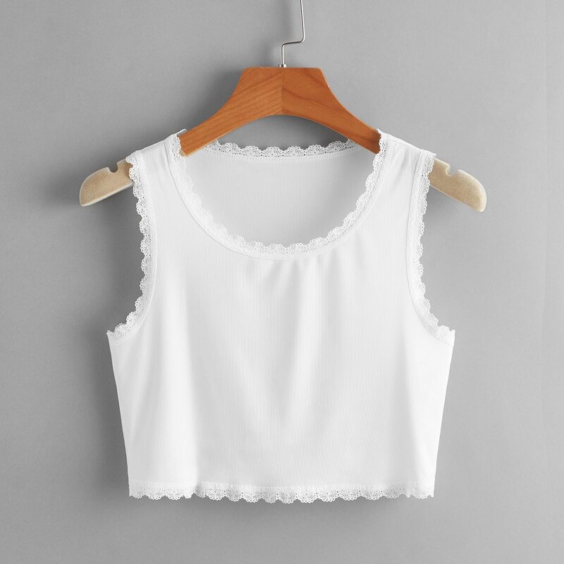 

Contrast Lace Crop Tank Top, White