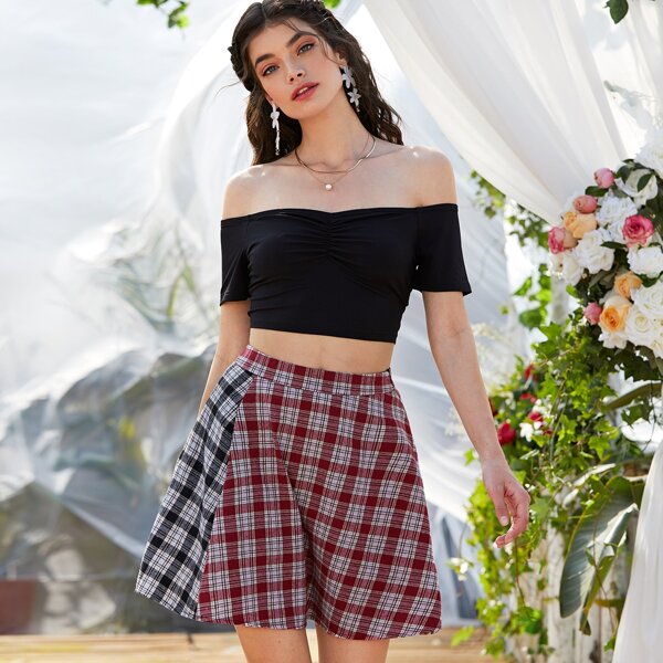 

Crop Bardot Tee With Two Tone Tartan Plaid Skirt, Multicolor