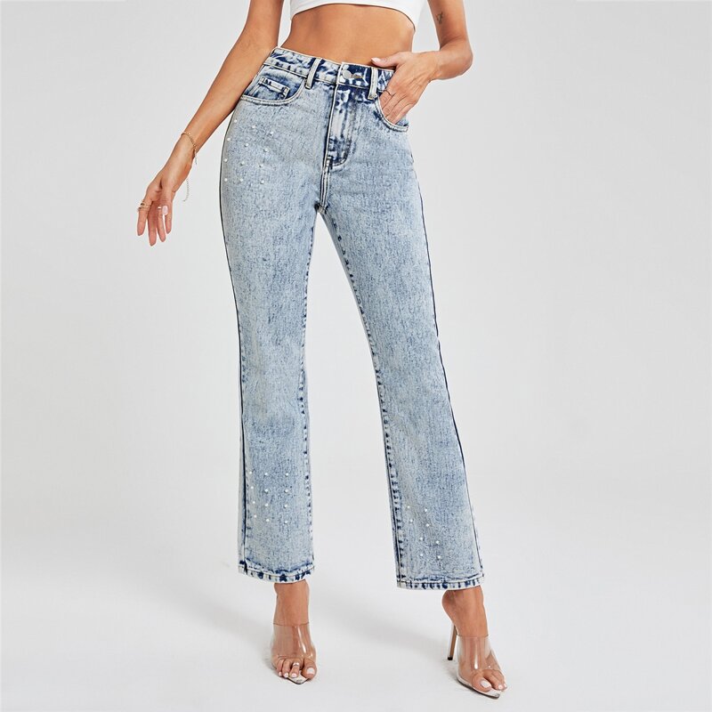 High Waist Pearl Detail Straight Leg Jeans, Light wash