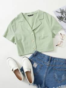 SHEIN EZwear 缺口領紐扣襯衫 - 薄荷綠 - 查看 1