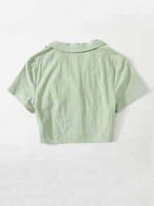 SHEIN EZwear 缺口領紐扣襯衫 - 薄荷綠 - 查看 2