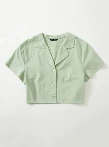 SHEIN EZwear 缺口領紐扣襯衫 - 薄荷綠 - 查看 3