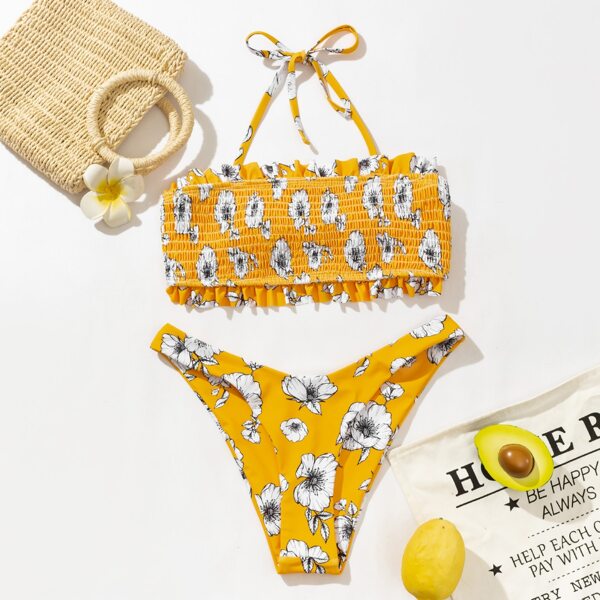 

Floral Smocked Frill Trim Bikini Swimsuit, Multicolor