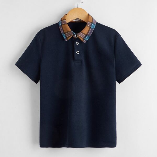 

Boys Contrast Tartan Collar Polo Shirt, Navy blue