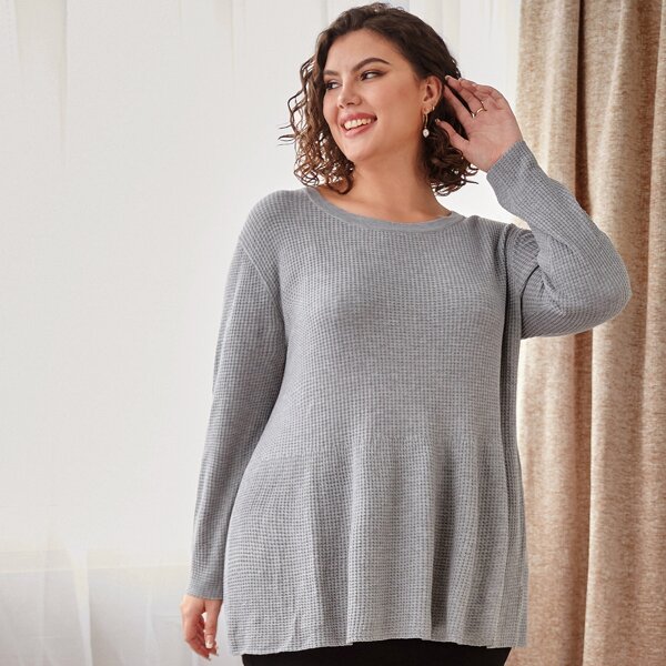 

Plus Solid Waffle Knit Sweater, Grey