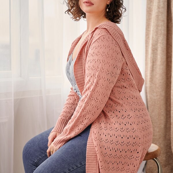 

Plus Solid Pointelle Knit Hooded Cardigan, Coral pink