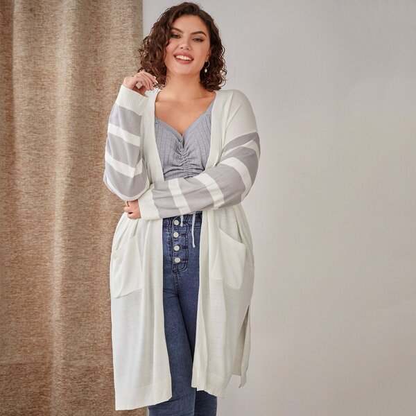 

Plus Striped Open Front Cardigan, White
