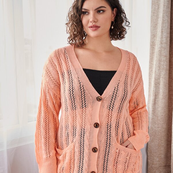 

Plus Cable Knit Drop Shoulder Button Front Cardigan, Coral orange