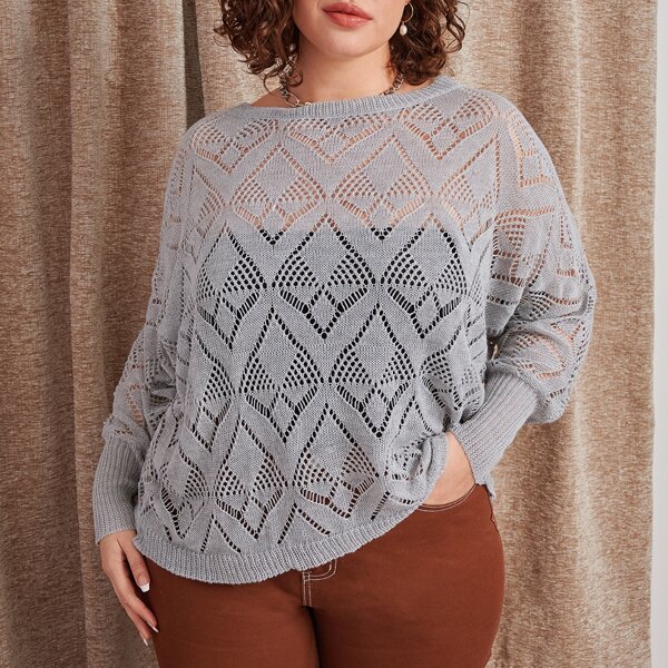 

Plus Solid Pointelle Knit Sweater, Grey
