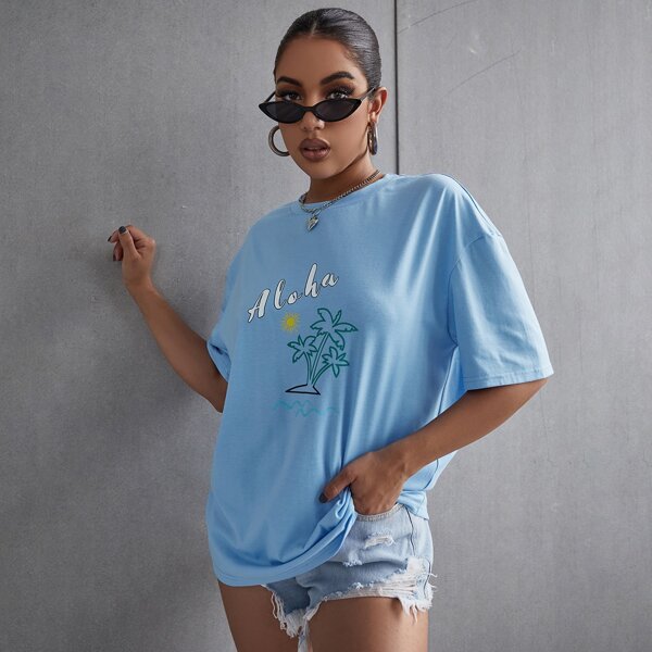 

Drop Shoulder Letter Graphic Tee, Baby blue