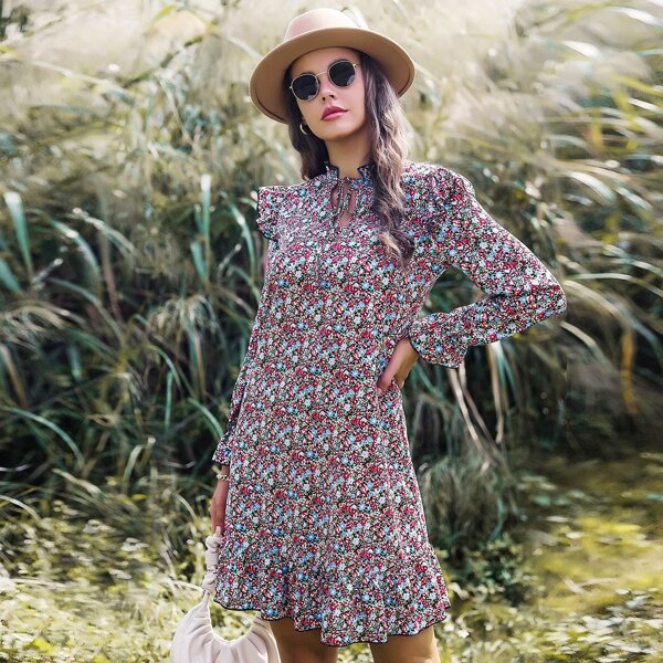 

Ditsy Floral Tie Neck Ruffle Hem Dress, Multicolor