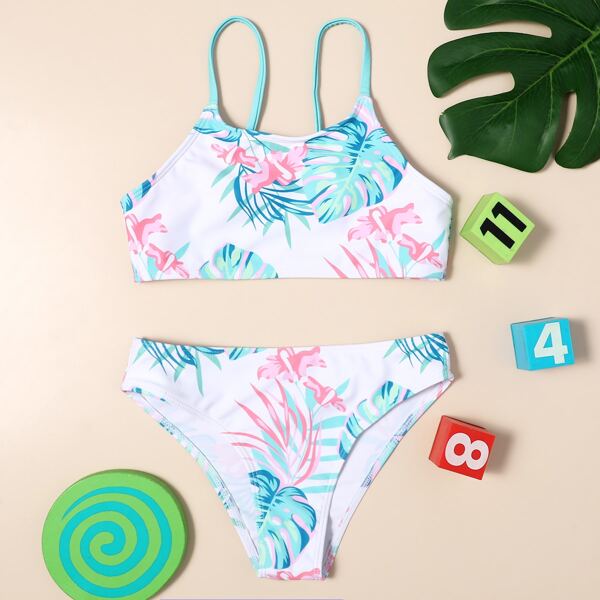 

Girls Plant Print Bikini Swimsuit, Multicolor