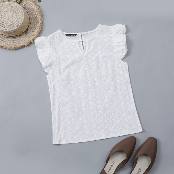 

Eyelet Embroidery Keyhole Neck Blouse, White