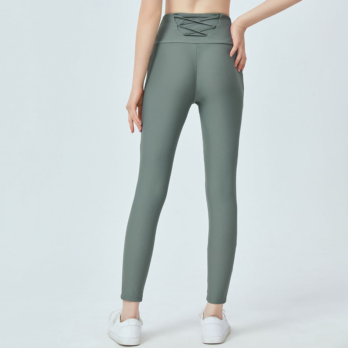 

Lace Up Back Wide Waistband Leggings, Green