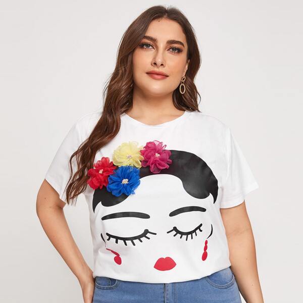 

Plus Floral Appliques Figure Graphic Tee, White