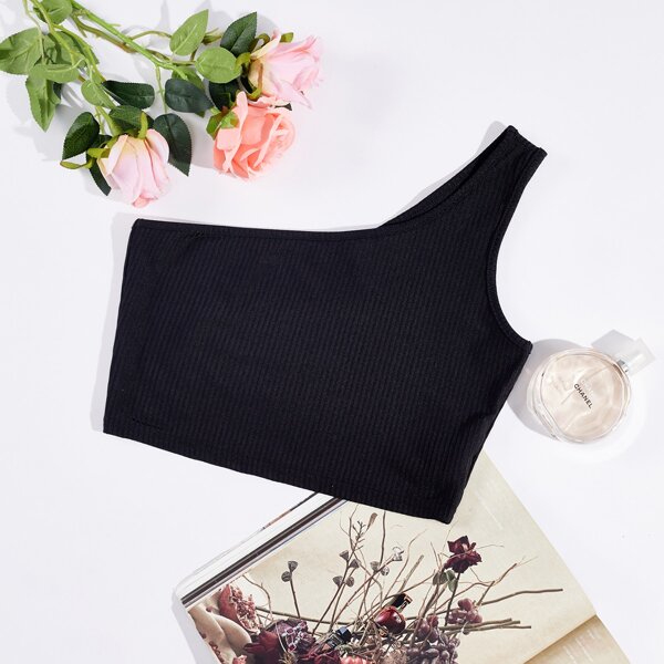 

One Shoulder Crop Top, Black