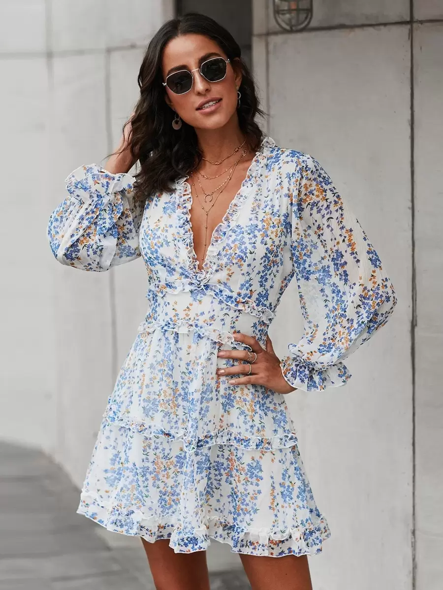 Breezaya Ditsy Floral Frill Trim Open Back Dress - Multicolor - View 1