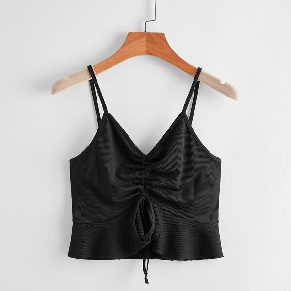 

Drawstring Front Ruffle Hem Crop Cami Top, Black