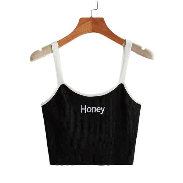 

Embroidery Letter Cami Knit Top, Black