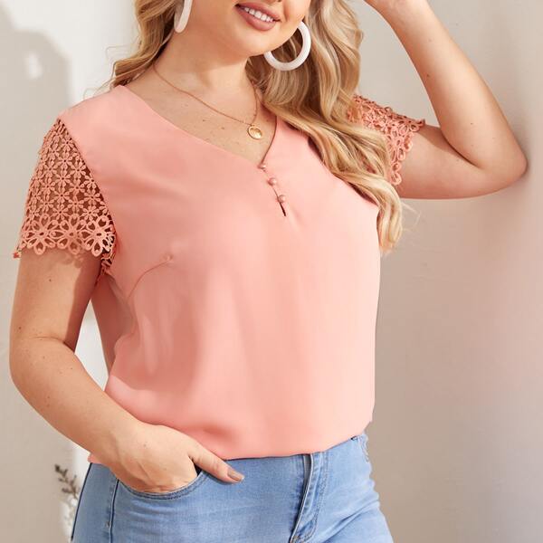 

Plus Covered Button Guipure Lace Sleeve Top, Coral pink