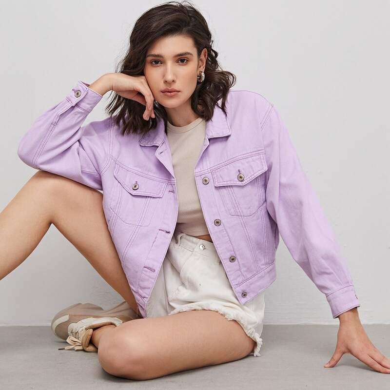 

Drop Shoulder Button Up Denim Jacket, Lilac purple