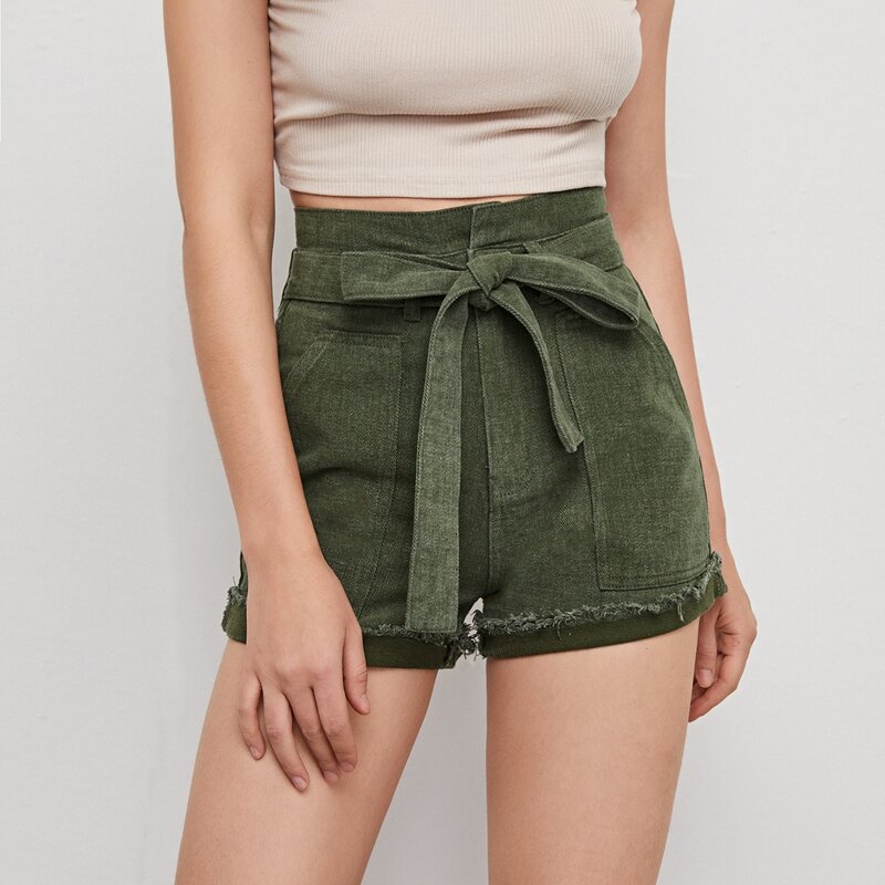 

High Waist Belted Denim Shorts, Army green
