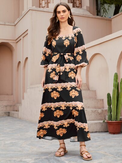 Seusyu 巴洛克圖案燈籠袖腰帶連衣裙