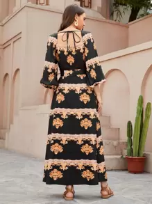 Mulvari Baroque Print Bishop Sleeve Belted Dress