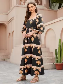 Mulvari Baroque Print Bishop Sleeve Belted Dress