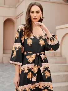 Mulvari Baroque Print Bishop Sleeve Belted Dress